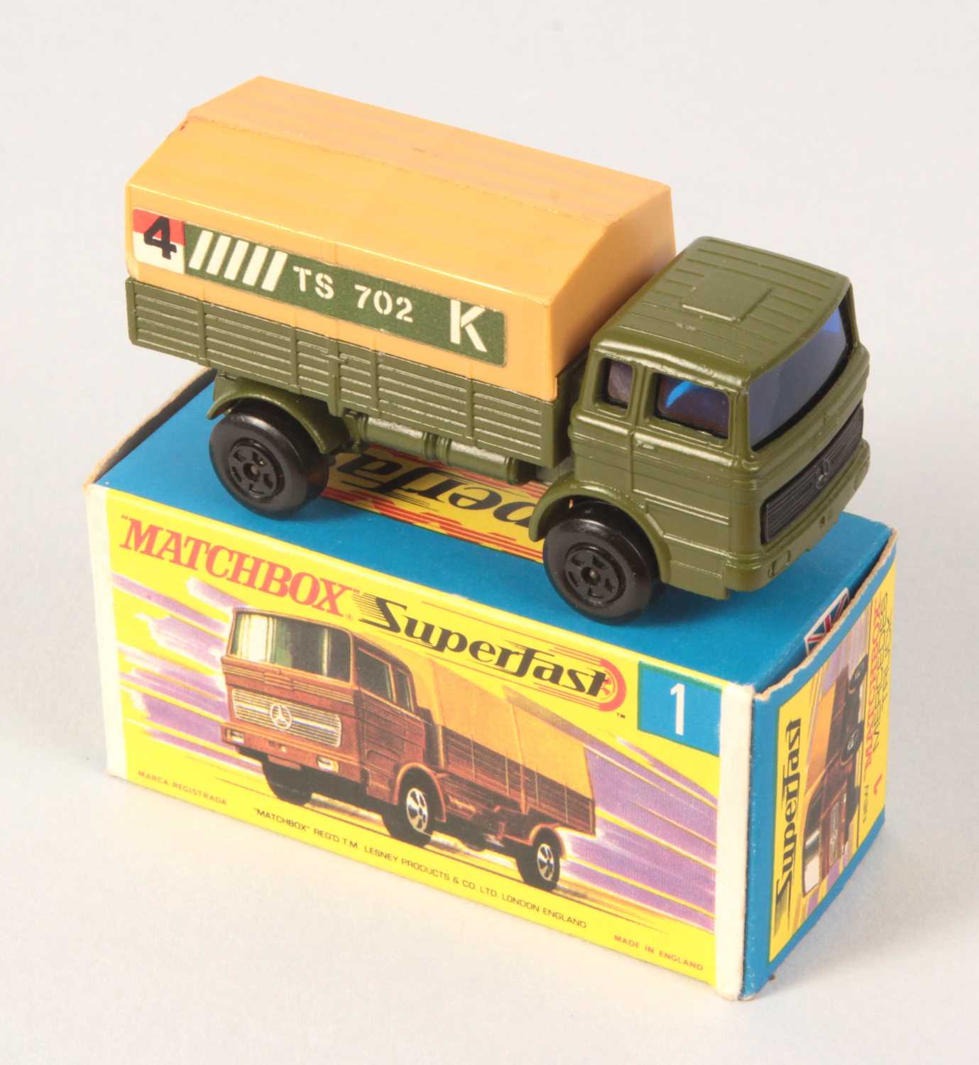 Lot 1 - Matchbox Superfast 1a Mercedes LP Military Covered Truck RARE BLACK LARGE DIAMETER 5-SPOKE WIDE WHEELS