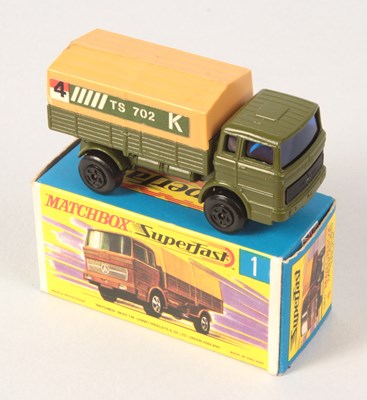 Lot 1 - Matchbox Superfast 1a Mercedes LP Military Covered Truck RARE BLACK LARGE DIAMETER 5-SPOKE WIDE WHEELS