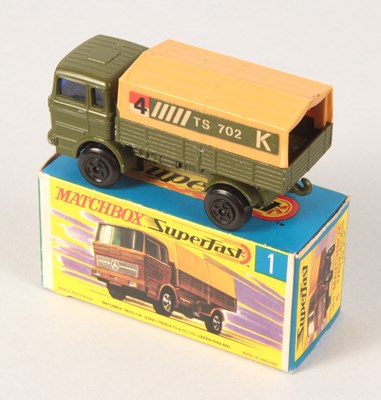 Lot 1 - Matchbox Superfast 1a Mercedes LP Military Covered Truck RARE BLACK LARGE DIAMETER 5-SPOKE WIDE WHEELS