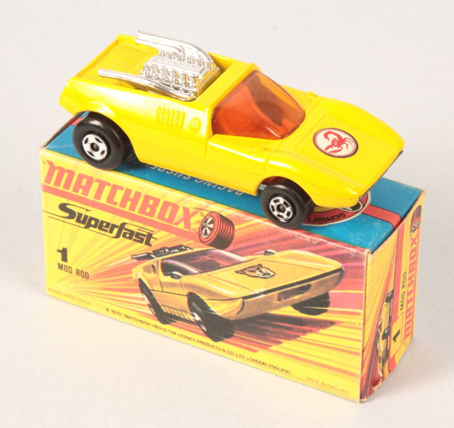 Lot 4 - Matchbox Superfast 1b Mod Rod - lemon yellow body WITH RARE SCORPION HOOD LABEL