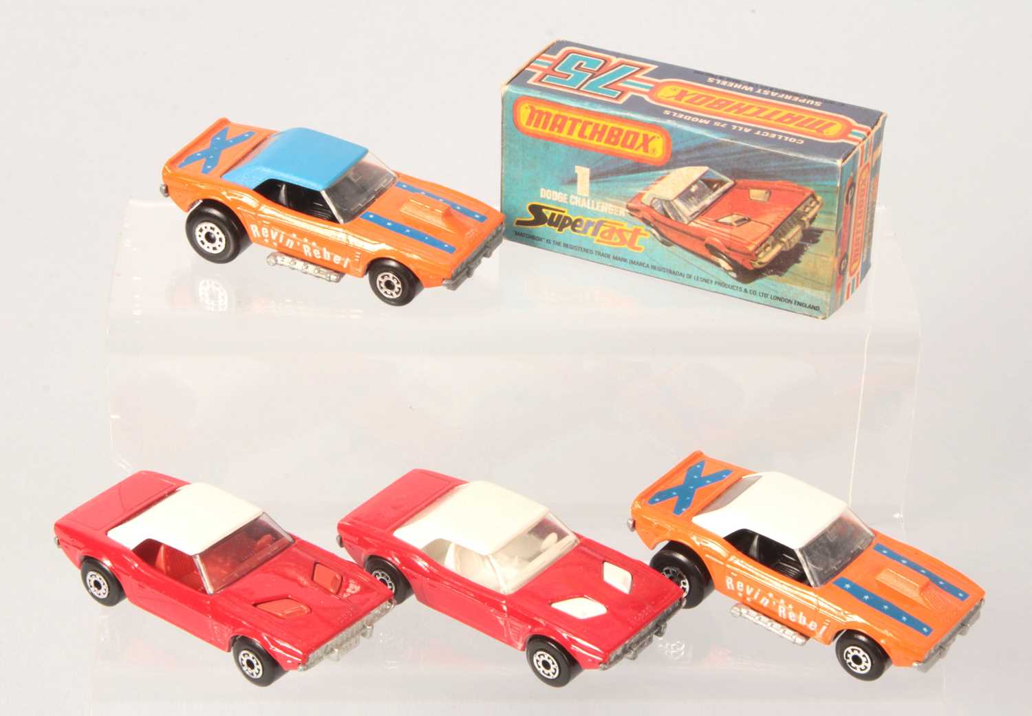 Lot 6 - Matchbox Superfast 2 x 1c Dodge Challenger and 2 x 1d Dodge Challenger Revin' Rebel Dragster