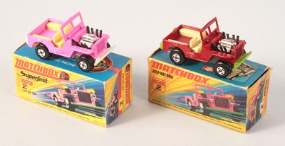 Lot 10 - Matchbox Superfast 2 x 2b Jeep Hot Rod PINK BODY + WHITE BASE & RED BODY + LIME GREEN BASE