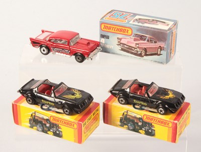 Lot 23 - Matchbox Superfast 4d '57 Chevy & 2 x MB35 Pontiac Firebird T-Bar TAMPO & INTERIOR VARIATIONS
