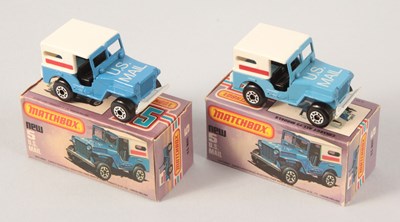 Lot 25 - Matchbox Superfast 2 x 5c US Mail Jeep ROMAN NUMERAL ISSUE MID BLUE & LIGHT BLUE BODY