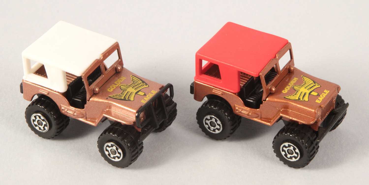 Lot 28 - Matchbox Superfast 2 x 5d 4x4 Off Road Golden Eagle Jeep RARE RED & WHITE PLASTIC CANOPIES