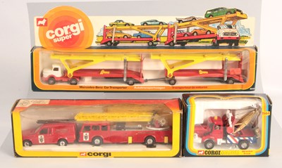 Lot 427 - Corgi 1144 Berliet Wreck Truck + Wiltshire Fire Brigade Set + Super Juniors Mercedes Car Transporter