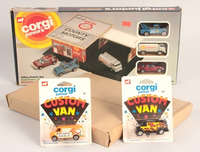Lot 429 - Group of Corgi Juniors Inc 3051 Garage Filling Station Gift Set & 2 x Factory Trade Packs of 6 x Chevrolet Custom Vans