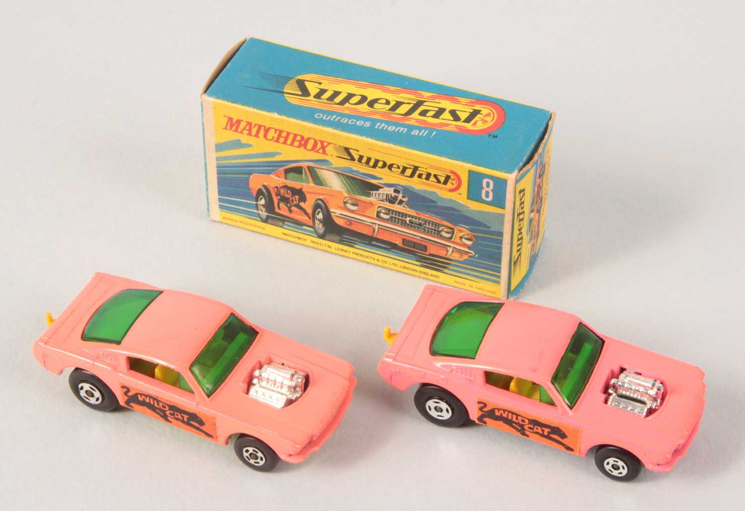 Lot 38 - Matchbox Superfast 2 x 8b Ford Mustang Wild Cat Dragster RARE LEMON YELLOW & BARE METAL BASES