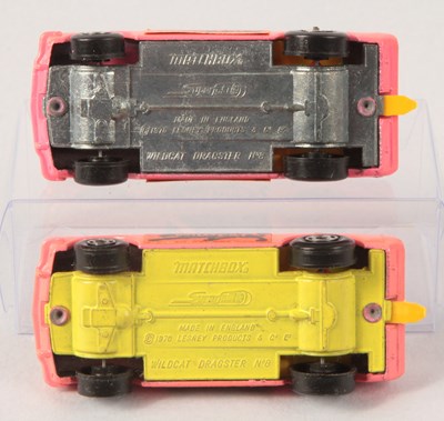 Lot 38 - Matchbox Superfast 2 x 8b Ford Mustang Wild Cat Dragster RARE LEMON YELLOW & BARE METAL BASES