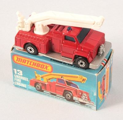 Lot 64 - Matchbox Superfast 13c Snorkel Fire Engine WHITE HOIST + SILVER PAINTED BASE