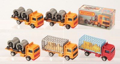 Lot 131 - Matchbox Superfast 3 x 26d Volvo Cable Truck & 2 x 35c Volvo Zoo Truck VARIATIONS