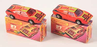 Lot 140 - Matchbox Superfast 2 x 27b Lamborghini Countach Streakers Issue RARE RED WINDOWS & RARE PURPLE WINDOWS
