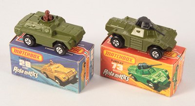 Lot 147 - Matchbox Superfast 28b Stoat Armoured Car & 73b Weasel Armoured Car WITH RARE CHROME 5-SPOKE WHEELS