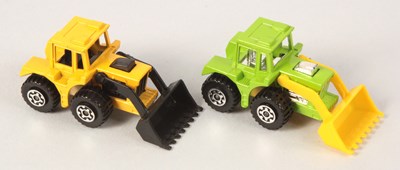 Lot 151 - Matchbox Superfast 2 x 29c Tractor Shovel (1) Lime Green Body (2) RARE CREAM BASE