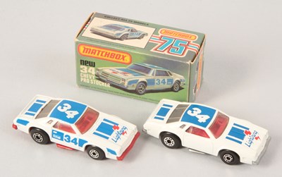 Lot 167 - Matchbox Superfast 2 x 34c Chevy Pro-Stocker WITHOUT SIDE TAMPO PRINT & RED BASE VARIATIONS
