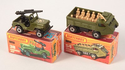 Lot 188 - Matchbox Superfast 38c Armoured Jeep & 54c Military Personnel Carrier BOTH WITH CHROME WHEELS