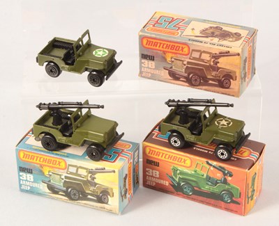 Lot 189 - Matchbox Superfast 3 x 38c Armoured Jeep VARIATIONS INC CHROME WHEELS & GREY BASE