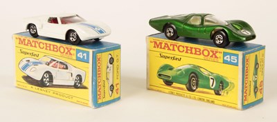 Lot 181 - Matchbox Superfast 41a Ford GT40 & 45a Ford Group 6 IN TRANSITIONAL TYPE F BOXES