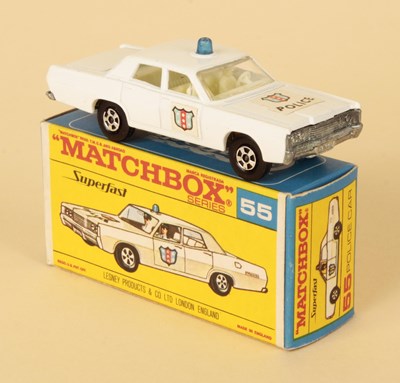 Lot 182 - Matchbox Superfast 55a Mercury Park Lane Police Car + Transitional Type F3 Box