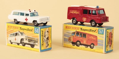 Lot 196 - Matchbox Superfast 54a Cadillac Ambulance & 57a Land Rover Fire Truck.