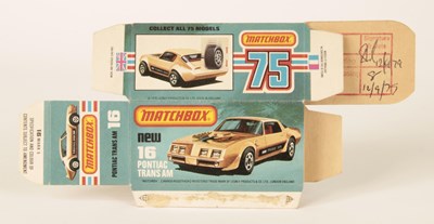 Lot 376 - Matchbox Superfast Bowater's UN-RELEASED PRINTERS PROOF "NEW" TYPE L BOX FOR 16b PONTIAC TRANS AM