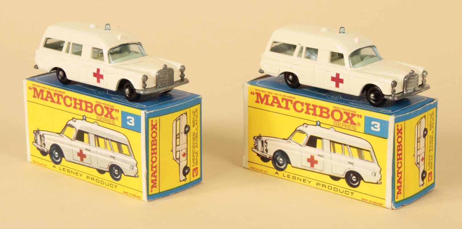 Lot 512 - Matchbox Regular Wheels 2 x 3c Mercedes Ambulance BASE VARIATIONS