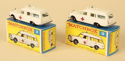 Lot 512 - Matchbox Regular Wheels 2 x 3c Mercedes Ambulance BASE VARIATIONS