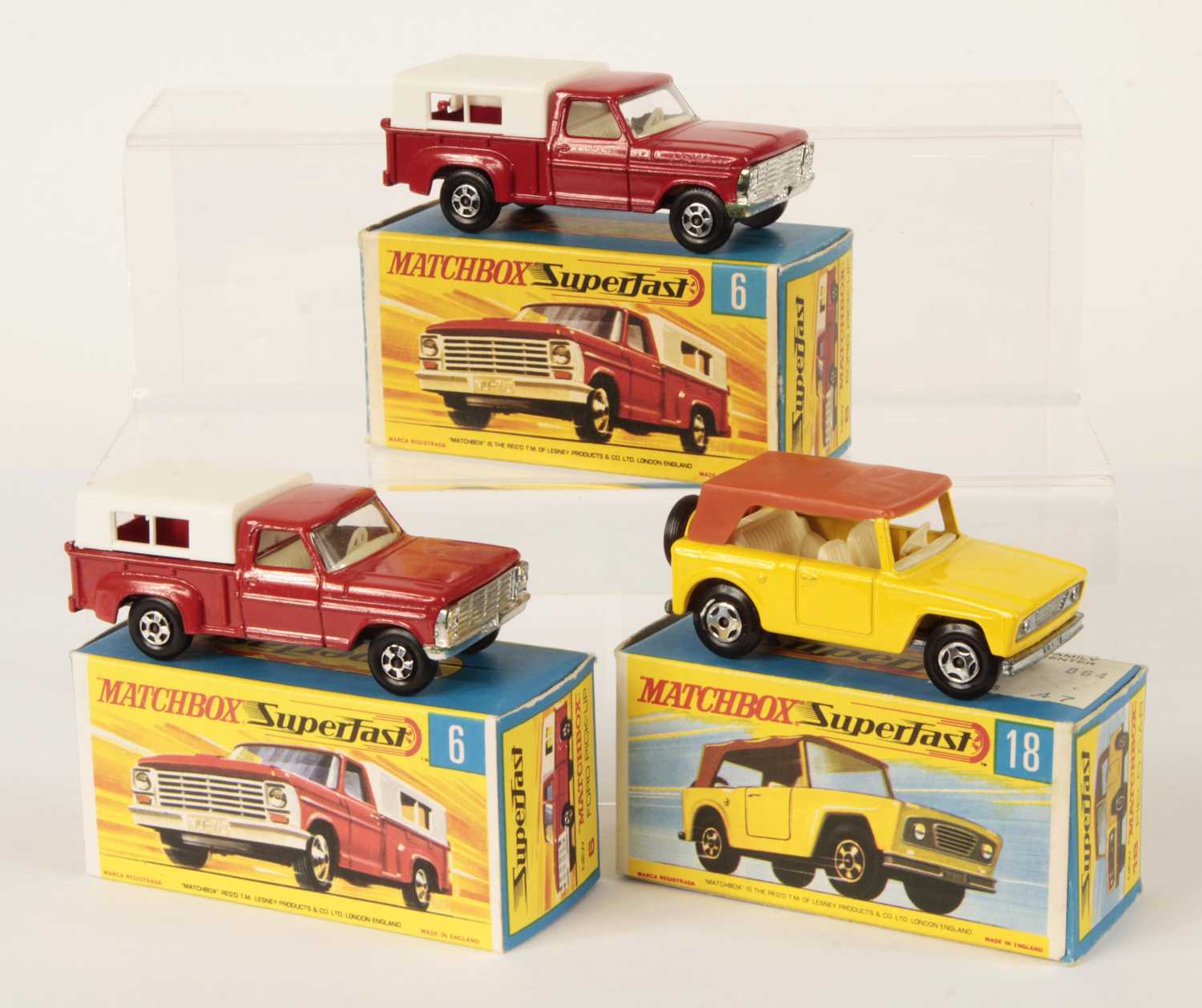 Lot 563 - Matchbox Superfast 2 x 6a Ford Pick-Up Truck + 18a Field Car with Narrow 4-Spoke Wheels