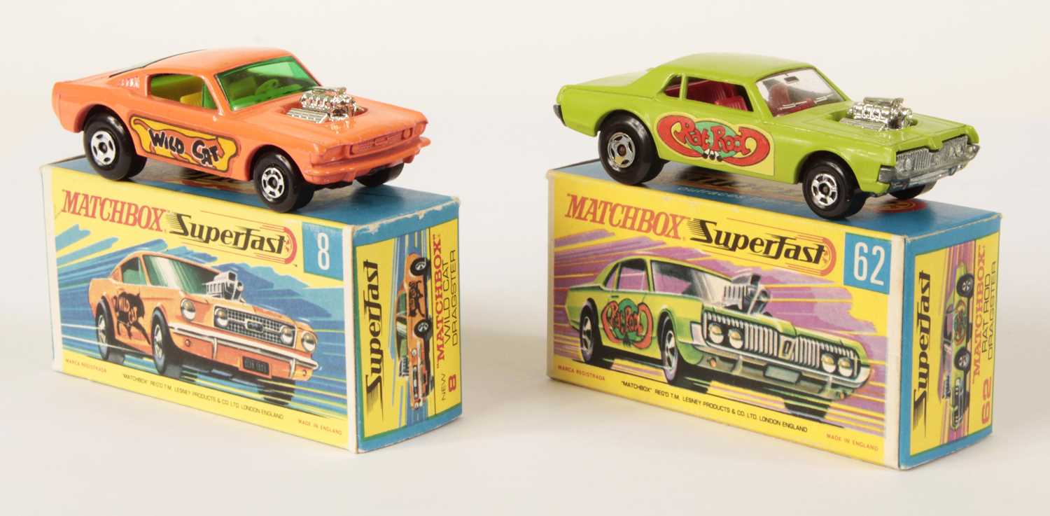 Lot 567 - Matchbox Superfast 8b Ford Mustang Wild Cat Dragster + 62b Mercury Cougar Rat Rod Dragster