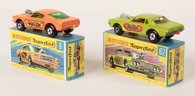 Lot 567 - Matchbox Superfast 8b Ford Mustang Wild Cat Dragster + 62b Mercury Cougar Rat Rod Dragster