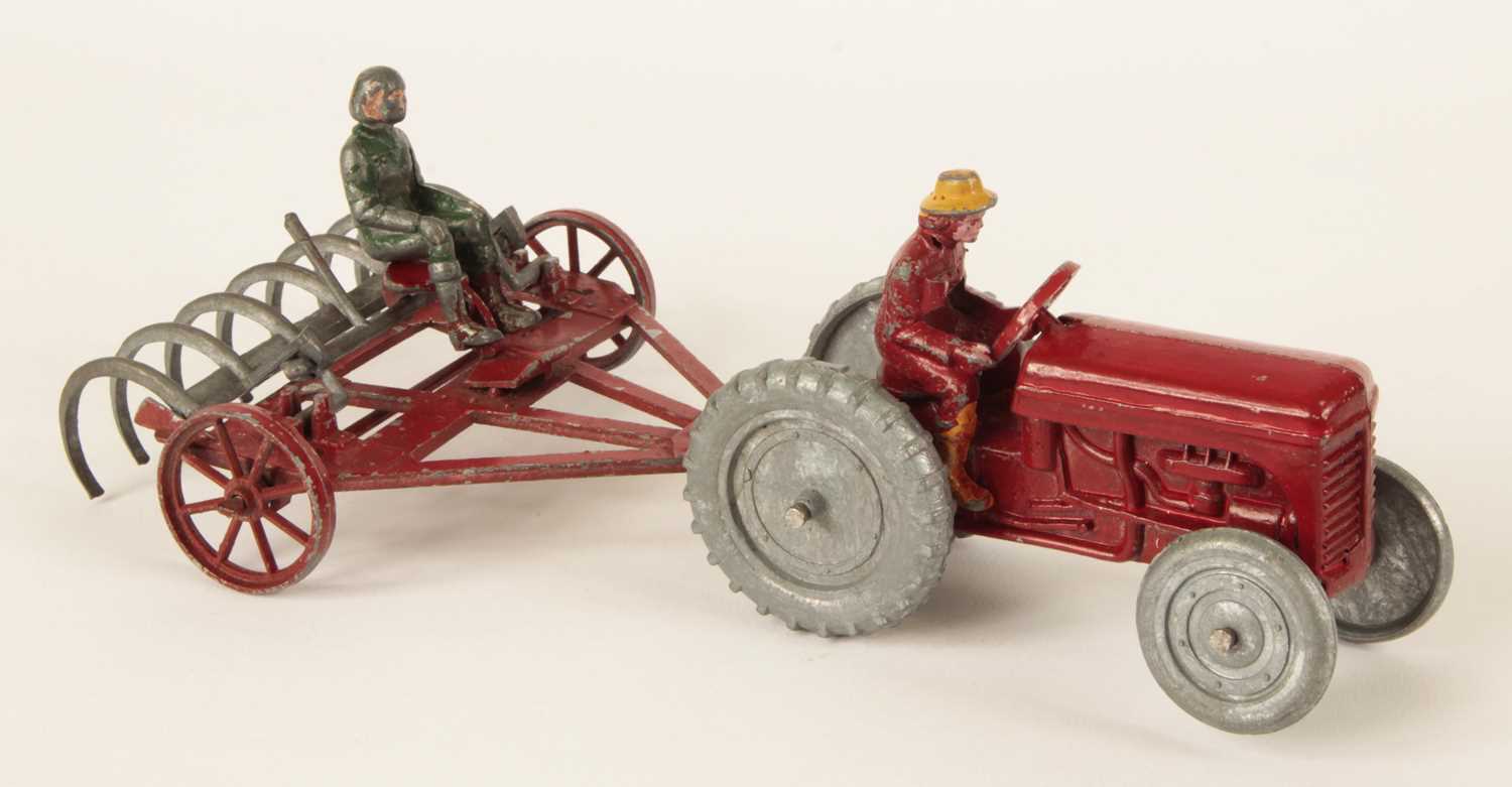 Lot 625 - Matchbox Early Moko Lesney Toys - VERY RARE Moko Tractor & Farm Rake Complete with Driver & Operator
