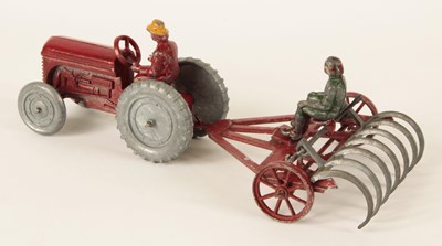 Lot 625 - Matchbox Early Moko Lesney Toys - VERY RARE Moko Tractor & Farm Rake Complete with Driver & Operator