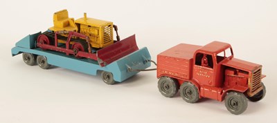 Lot 628 - Matchbox Early Moko Lesney Toys Large Scale Prime Mover + Low Loader Trailer & Caterpillar Bulldozer