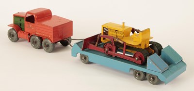 Lot 628 - Matchbox Early Moko Lesney Toys Large Scale Prime Mover + Low Loader Trailer & Caterpillar Bulldozer