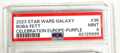 Lot 179 - PSA 9 Mint 2023 Star Wars Galaxy Boba Fett Celebration Europe - Purple card