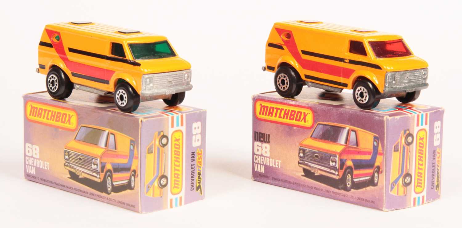 Lot 257 - Matchbox Superfast 2 x 68c Chevy Van DARK GREEN WINDOWS & RED WINDOWS