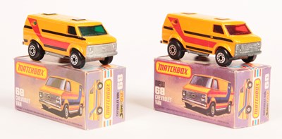 Lot 257 - Matchbox Superfast 2 x 68c Chevy Van DARK GREEN WINDOWS & RED WINDOWS