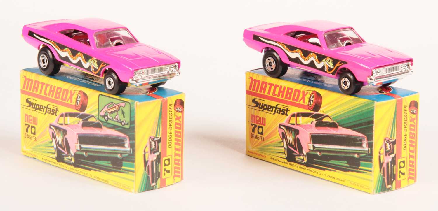 Lot 261 - Matchbox Superfast 70b Dodge Charger Dragster PURPLE BASE + PRIMROSE YELLOW BASE