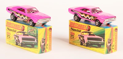 Lot 261 - Matchbox Superfast 70b Dodge Charger Dragster PURPLE BASE + PRIMROSE YELLOW BASE