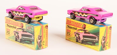 Lot 261 - Matchbox Superfast 70b Dodge Charger Dragster PURPLE BASE + PRIMROSE YELLOW BASE