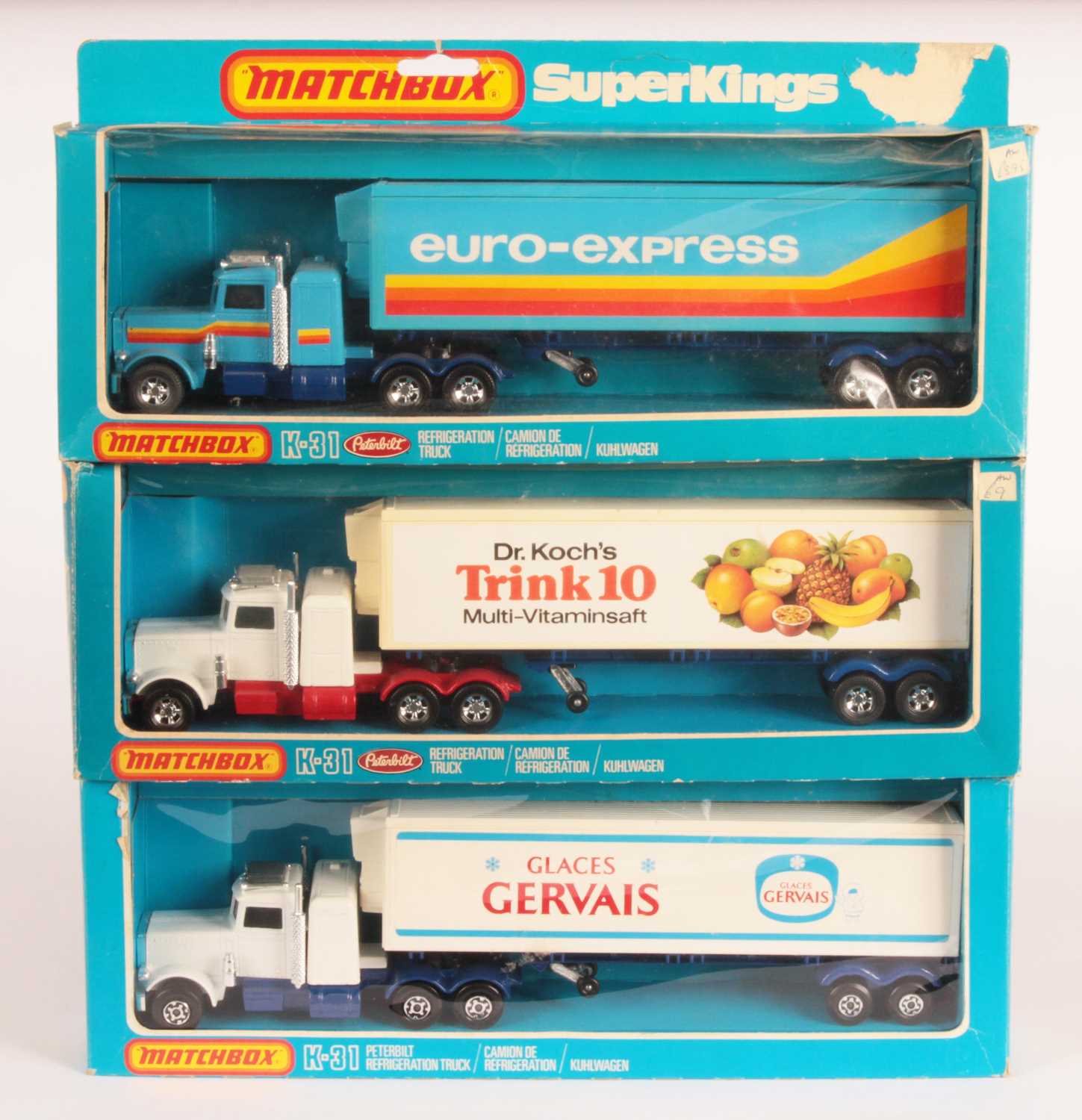 Lot 523 - Matchbox Super Kings 3x K-31 Peterbilt Articulated Refrigerator Trucks - Export Issues.
