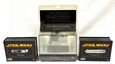 Lot 97 - Master Replicas Star Wars Lightsaber's x 2 and Han Solo Blaster MIB