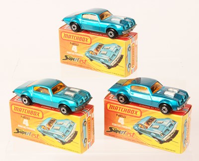Lot 9 - Matchbox Superfast 3 x 4c Pontiac Firebird - LIGHT & DARK WINDOWS + 2 FRENCH TEXT BOXES