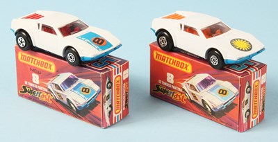 Lot 18 - Matchbox Superfast 2 x 8c De Tomaso Pantera RED INTERIOR + SUNBURST LABEL VARIATIONS