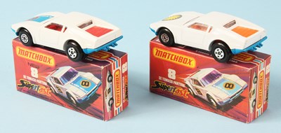Lot 18 - Matchbox Superfast 2 x 8c De Tomaso Pantera RED INTERIOR + SUNBURST LABEL VARIATIONS