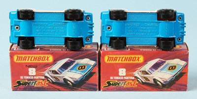 Lot 18 - Matchbox Superfast 2 x 8c De Tomaso Pantera RED INTERIOR + SUNBURST LABEL VARIATIONS