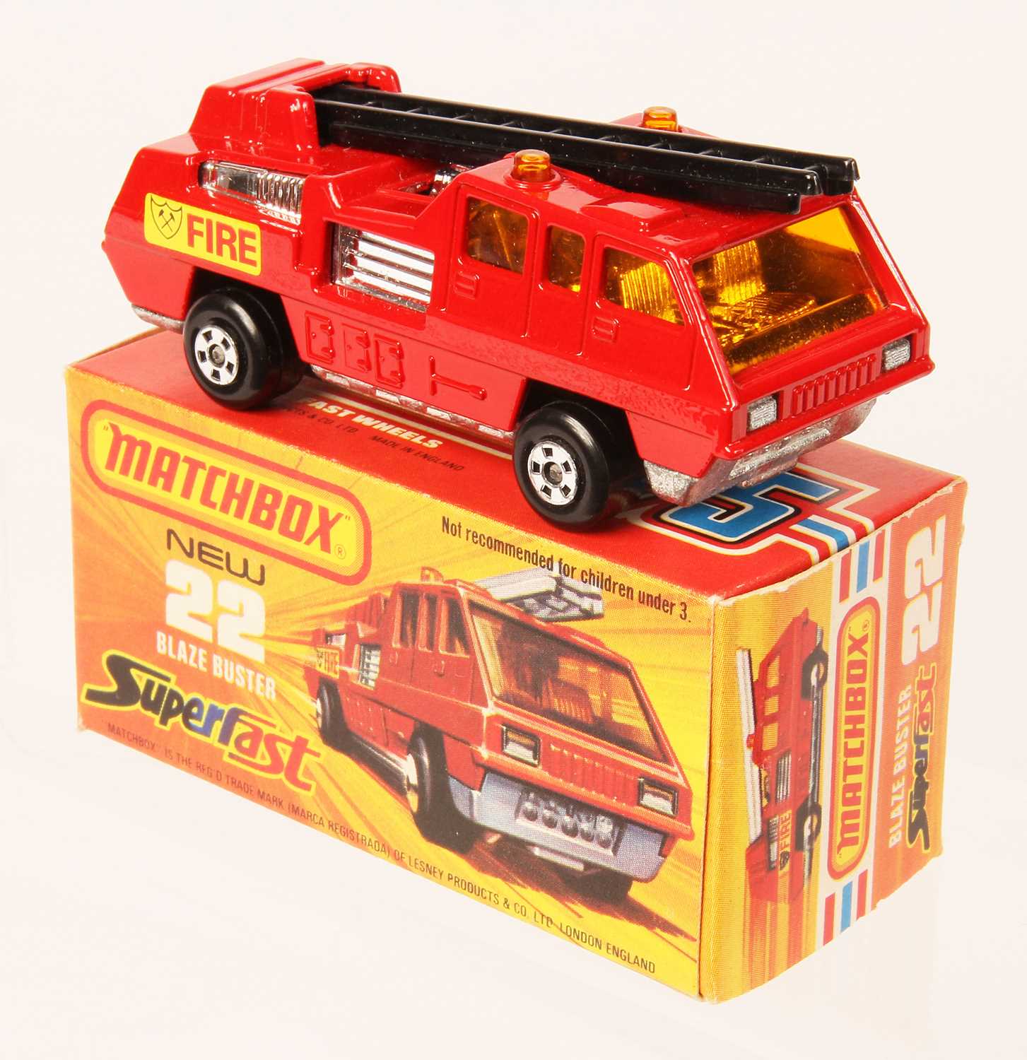 Lot 60 - Matchbox Superfast 22c Blaze Buster Fire Engine - RARE BLACK LADDER + NOT RECOMMENDED BOX TEXT