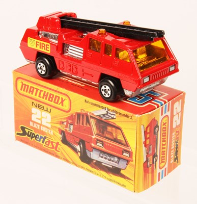 Lot 60 - Matchbox Superfast 22c Blaze Buster Fire Engine - RARE BLACK LADDER + NOT RECOMMENDED BOX TEXT