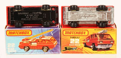 Lot 61 - Matchbox Superfast 2 x 22c Blaze Buster Fire Engine BLACK LADDER & No.32 LABEL VARIATIONS