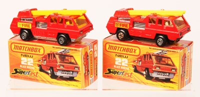 Lot 63 - Matchbox Superfast 2 x 22c Blaze Buster Fire Engine - RARE NOT RECOMMENDED BOX TEXT